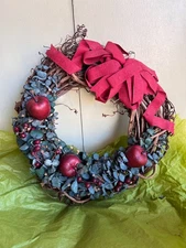 Vintage Rustic Apple & Eucalyptus Grapevine Wreath – 12" Holiday Door Décor with
