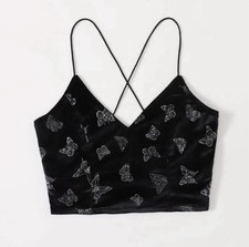 Women s Knit Tank Baby Cami Flowers Sz M 70s Y2K Funky VTG Fairy Butterfly Beach