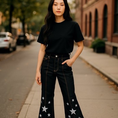 Unique Vintage Star Power Flare Jeans Contrast Stitching 1X/16
