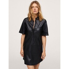 Mango MNG Faux-Leather Shirt Dress Button Front Collared Mini Size 6