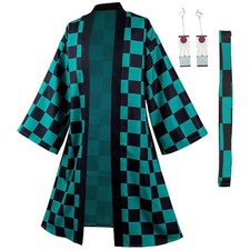 IOONCHI Tanjirou Cosplay Costume Adult Green Black Checkered Kimono Robe