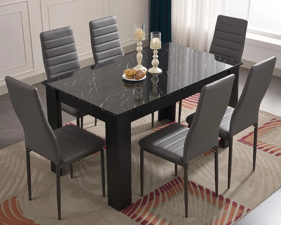 Black Marble Dining Table Set 6 Chairs | Modern Rectangular 140x80 cm - Image 2 of 4