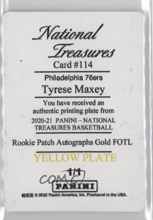 2020 Panini National Treasures Printing Plate Yellow 1/1 Tyrese Maxey Rookie RC - Image 2 of 2
