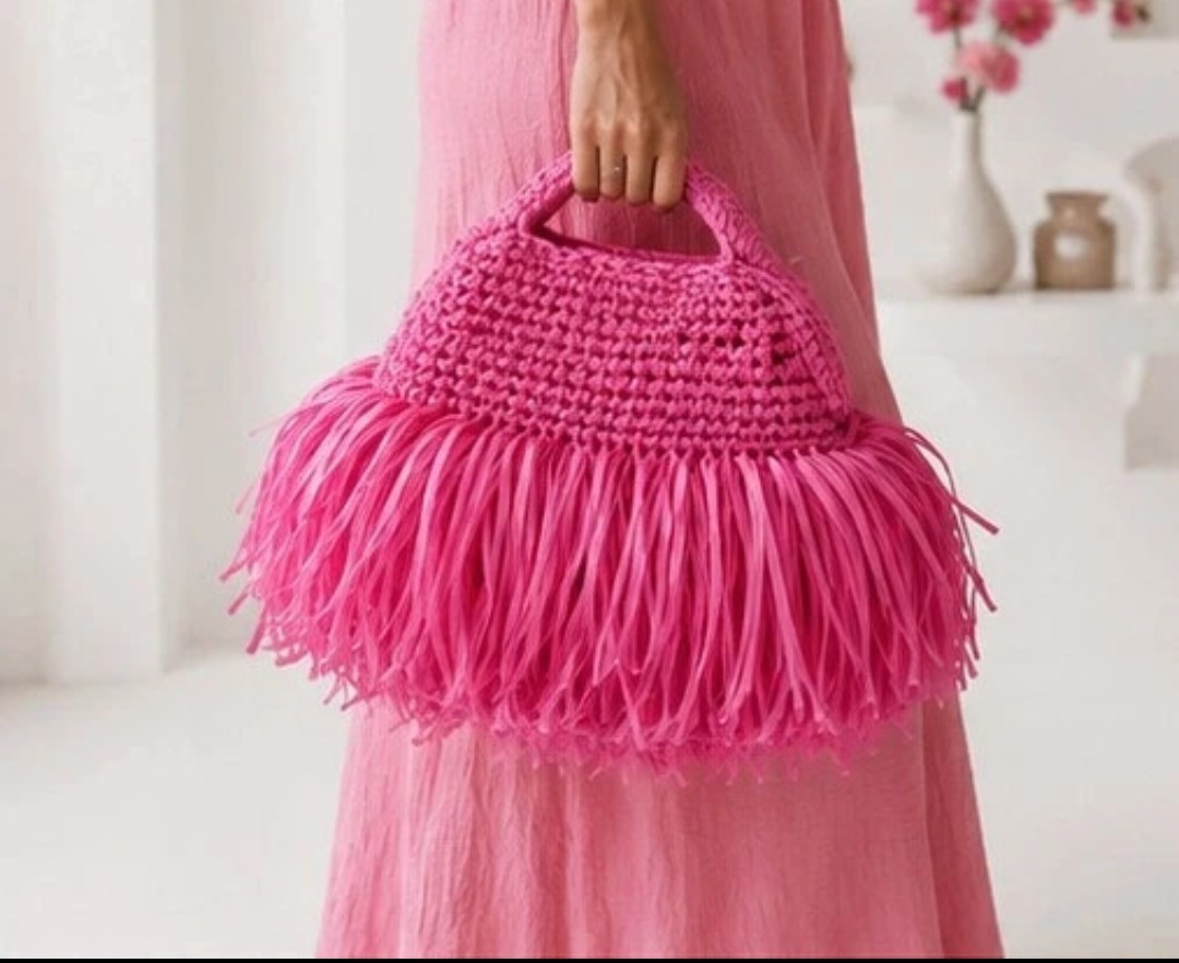 Bolso de rafia rosa fucsia con flecos | Hecho a mano | Único