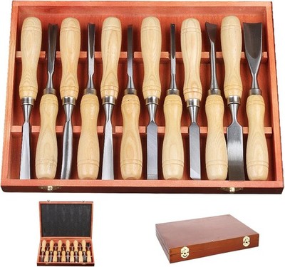 12Pcs Wood Carving Tools Set with 60Cr-V Steel Blades & Premium Wooden Gift Box