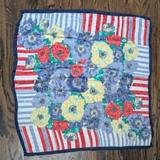 Vintage Floral Silk Scarf Red White Blue Stripe Border 33  Square