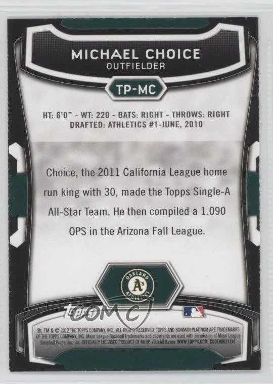 2012 Bowman Platinum Top Prospects Michael Choice #TP-MC - Image 2 of 2