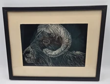 Framed & Matted Art Print Etching Aries Ram Black & White 10"x13"
