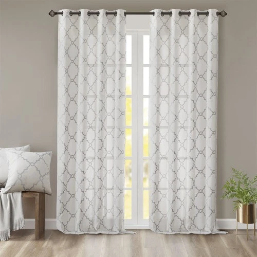 AS Fretwork Print Grommet Top Window Curtain Panel(Only 1 Pc Panel)Ivory+Grey