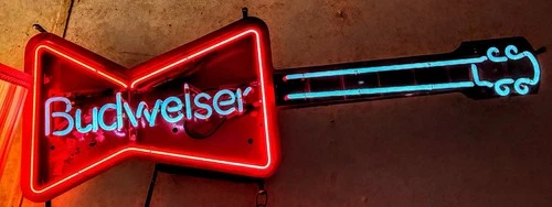 Budweiser Vintage 1980s Guitar Bowtie Neon Sign Red Blue 41.5x14.5 Breweriana