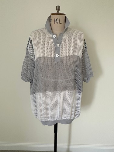 Raf Simons Striped Open-knit Oversized Polo Shirt In Light Grey - Size Medium - Picture 9 of 12