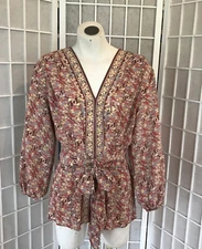 Max Studio V-Neck Peplum Smocking Blouse M Floral Long Sleeve Pullover