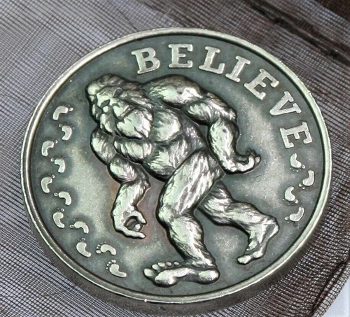 Bigfoot BELIEVE Sasquatch Antiqued button with magnet 1/2 ounce .999 silver