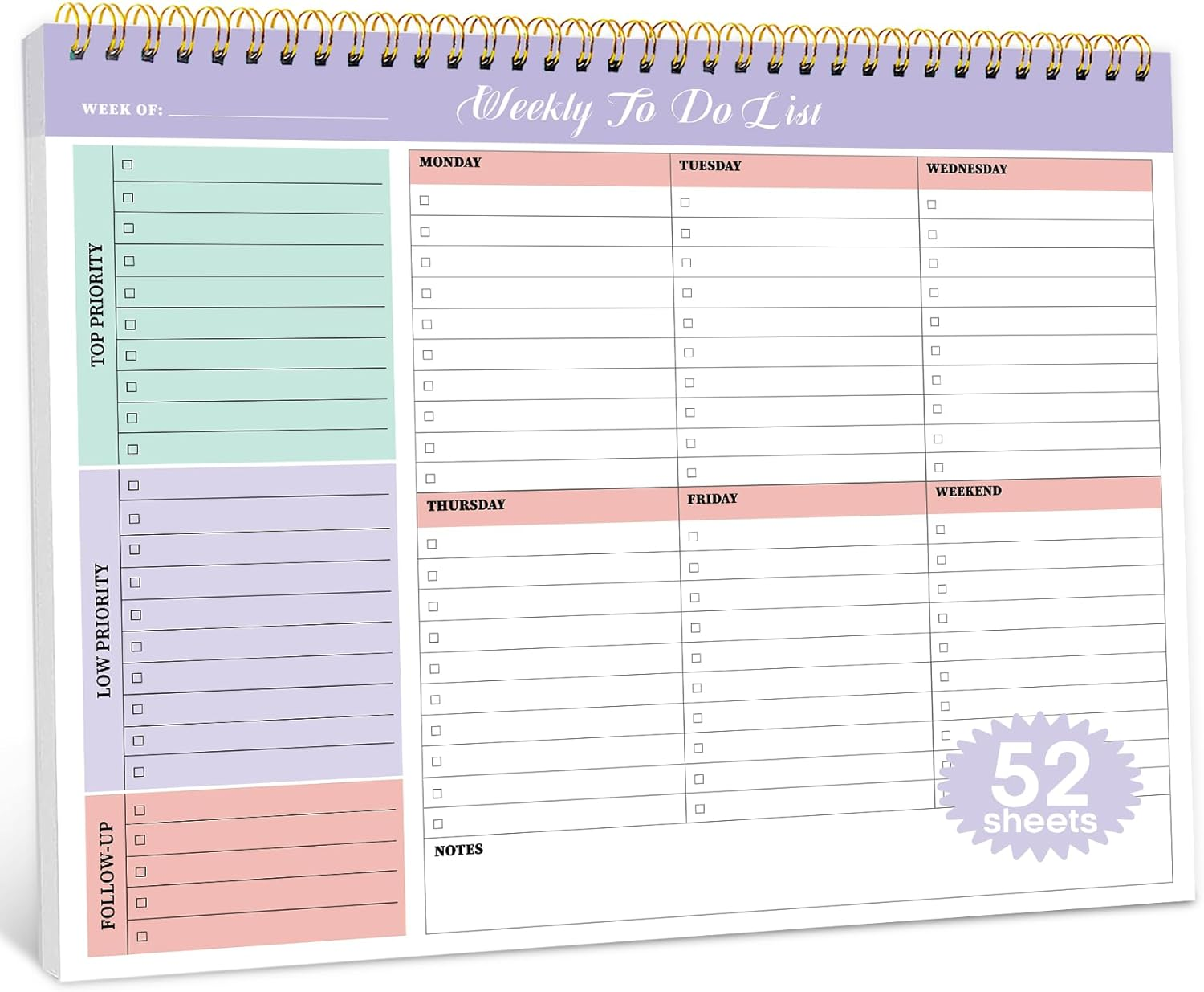 Weekly to Do List Notepad with 52 Undated Sheets（8.5