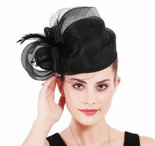 Black Fascinator Hat Cocktail Church Hats For Women Headwear With Veil Feather