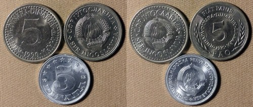 Yugoslavia : 3 Coins 1953 5 Din +5 Din 1970;1990 All Gem BU #32#56#144 IR2155
