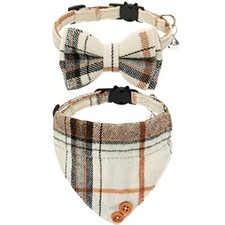 Breakaway Cat Collars - Plaid Bow Tie  Bandana Cat Collars with Bell for Beige