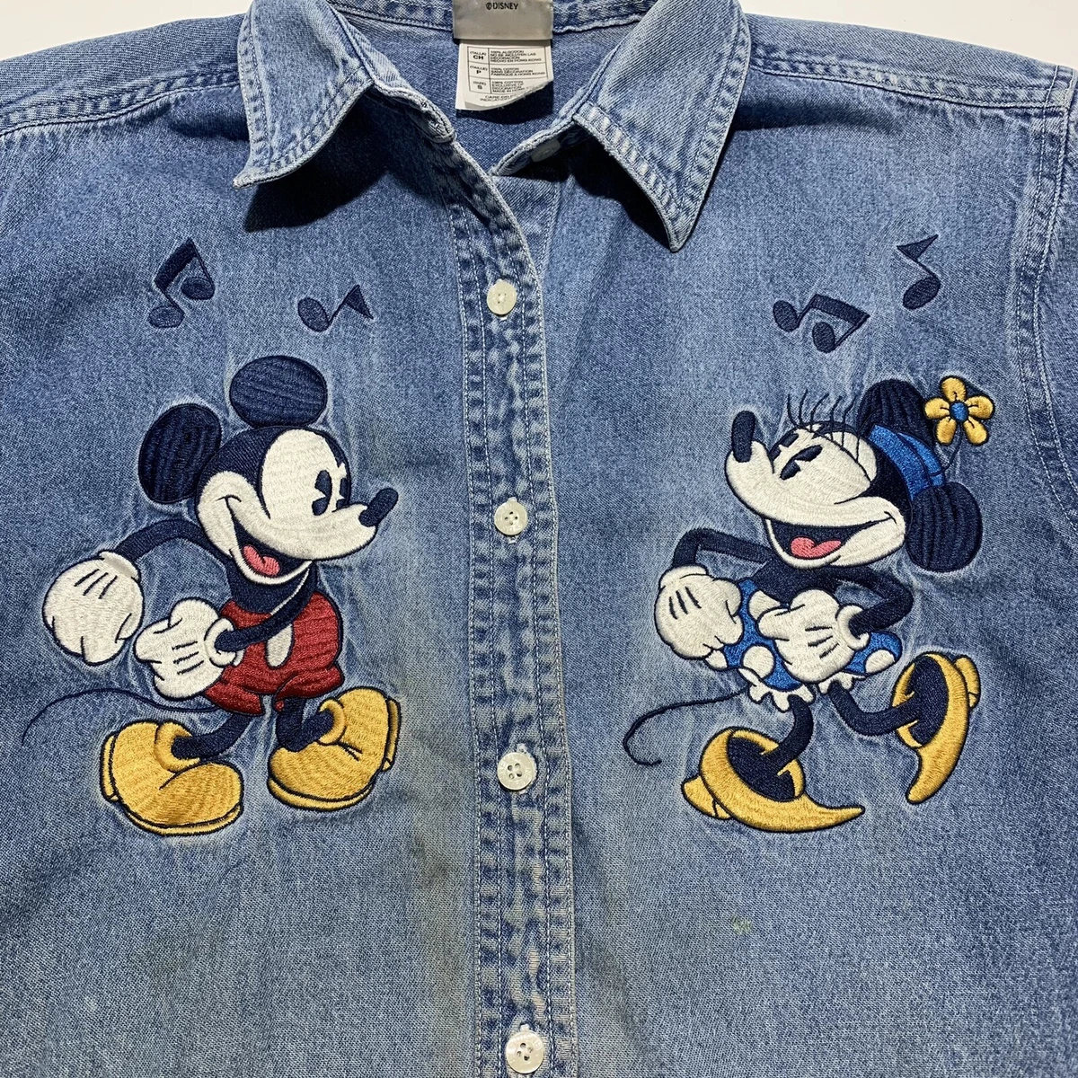 Vintage The Disney Store Mickey Minnie Mouse Embroidered Denim Shirt Women s S