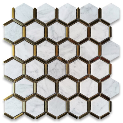 C328XH Carrara White Marble 2 inch Hexagon Mosaic Tile w/ Brass Strips Honed
