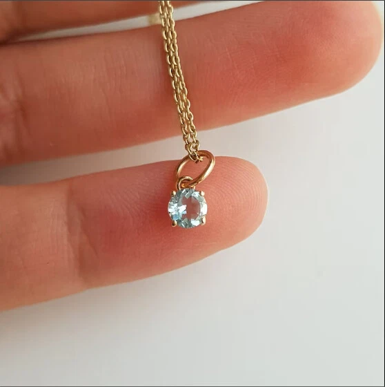 Genuino Aguamarina 4mm Dije Colgante Para Pendientes, Collar Oro Amarillo 14k Foto 2 de 4