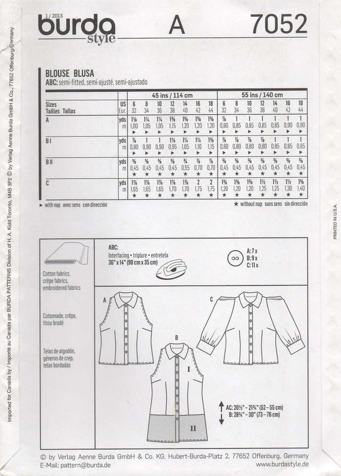 Burda Sewing Pattern 7052 Shirt Top Sleeveless Cut-in or Puff Sleeve Sz 6-18 NEW - Image 3 of 4