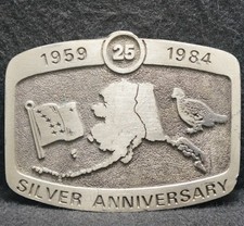 XE05155 VINTAGE 1984 ALASKA SILVER ANNIVERSARY COMMEMORATIVE MENS BELT BUCKLE