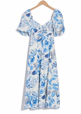 Nwt Linen Blend Avec Les Files Twist Bodice Floral MIDI Dress
