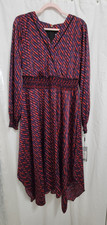 Karl Lagerfeld Paris Geometric Midi Dress V-Neck Long Sleeve Black Red Sz 12