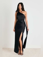 Lulus Signature Elegance Black Satin One-Shoulder Maxi Dress Size Medium NWT