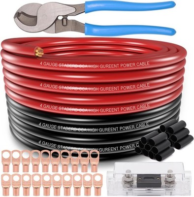 4 Gauge Car Audio Wire Kits 50FT Red&Black CCA with Fuse, Lugs, Shrink & Cutter