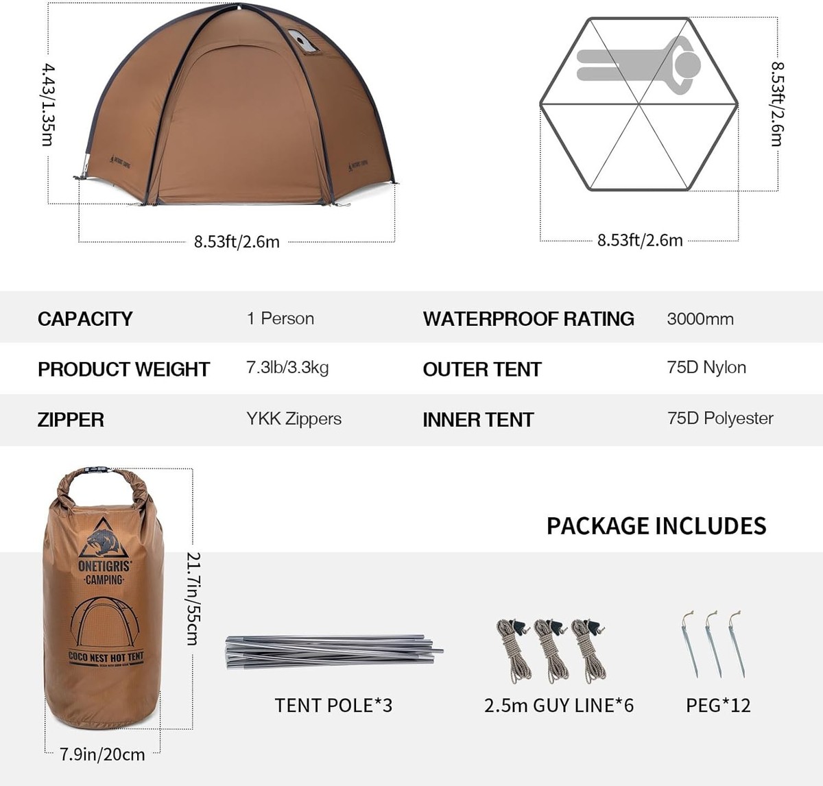 OneTigris Coco NEST Solo Hot Tent with Stove Jack, 3000mm