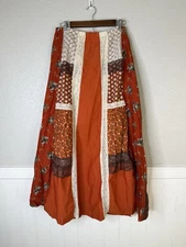Vtg 70s Patchwork Prairie Maxi Skirt Boho Cottagecore Lace Floral Brick Red Sz L