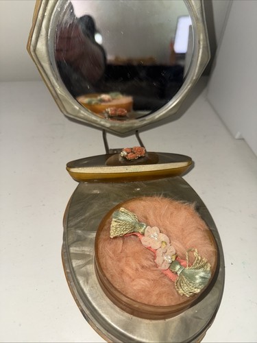 Vintage Sabor Powder  Peach/Pink Ribbon Silk Flowers, Mirror Vanity Rare