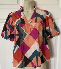 THML Colorful Abstract Night Top Puff Sleeves Dear Stella Artsy Boho Sz XS