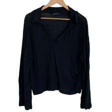 Banana Republic Womens Black Long Sleeve Linen Top Size XL Johnny Collar Classic