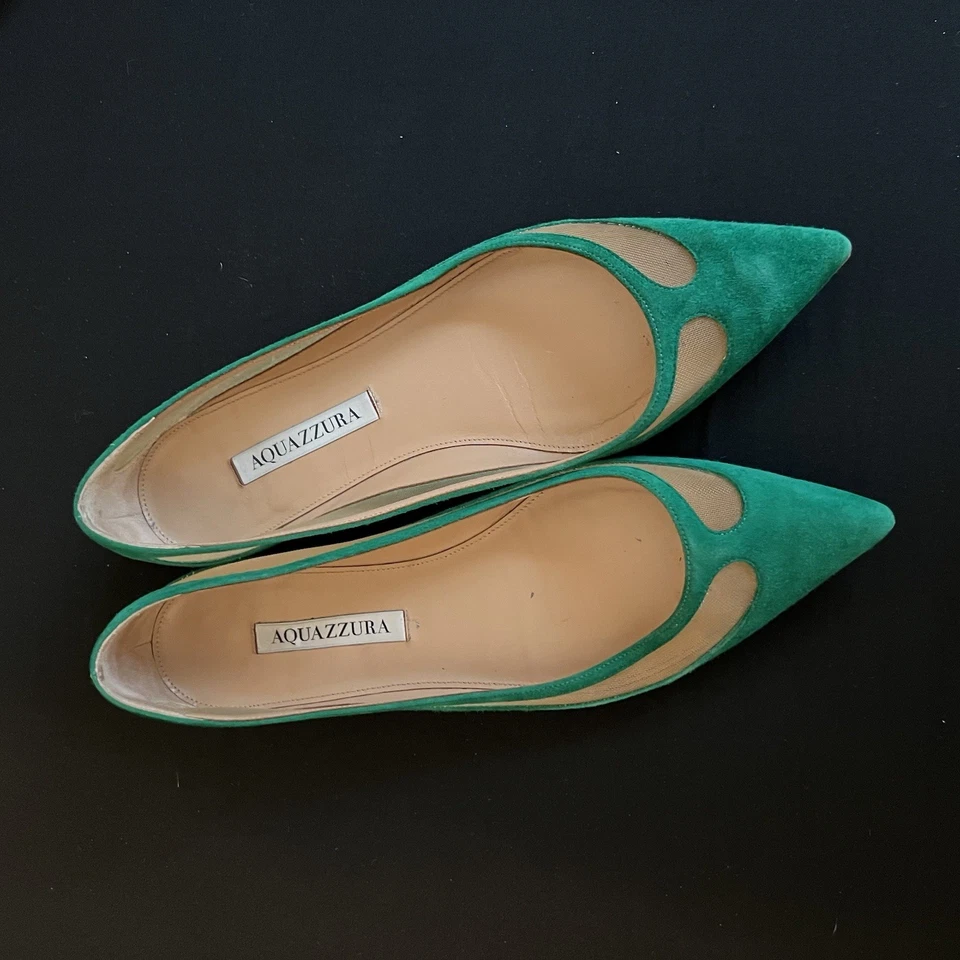 Zapatos bailarina Aquazzura Amal panel semi transparente verde y dorado para mujer talla 38/8” Foto 3 de 4