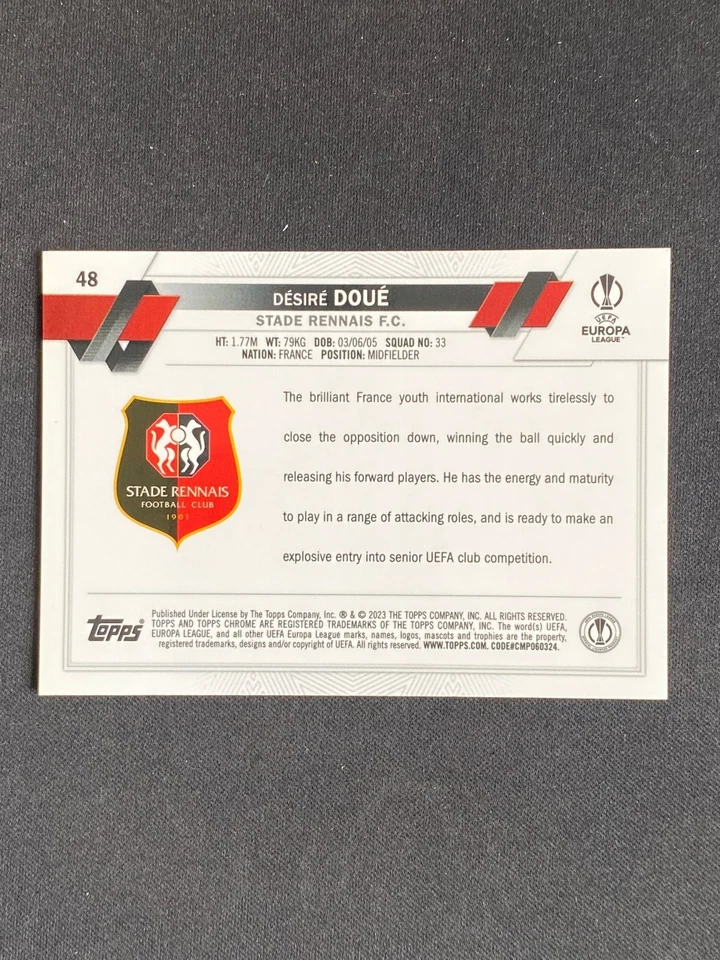 Desire Doue 2022-23 Topps Chrome UEFA Sapphire Rookie RC #48 - Image 2 of 2