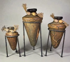 VTG Southwestern Rustic Leather Wrapped Art Pottery Vases w/Iron Stand Set of 3