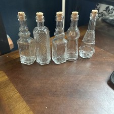 Lot of 5 Claer Glass Decorative Bottles Different Shapes 4.5 inches tall Cork