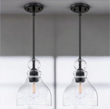 2 Pack 1 Light Pendant Ceiling Light Kitchen Island 6.5" Seeded Glass Black