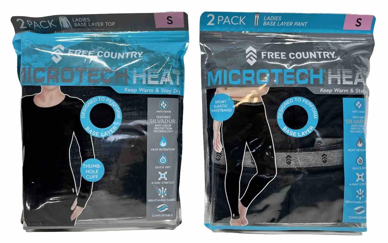 2 Pack FreeCountry Women Black Microtech Heat Base Layer Top & Pants Size SM NWT