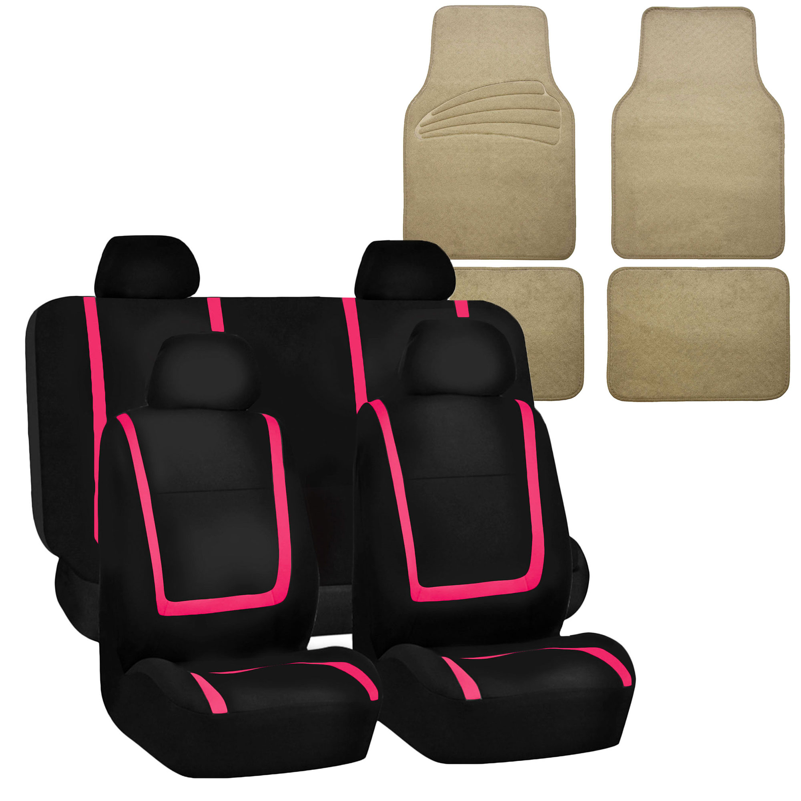 Auto Universal Seat Covers For Car Suv Van Pink Combo w. Beige Floor Mat