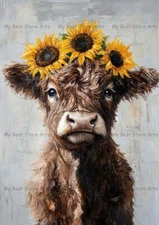 SUNFLOWER COW ART PRINT, Highland Calf Wall Decor, Farmhouse Country Poster F949