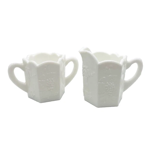 Westmoreland Paneled White Milk Glass Creamer and Sugar Set Grapevine Vintage