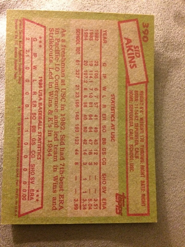 1985 Topps Sid Akins USA Team Baseball Card #390 Pitcher High Grade - Image 2 of 2