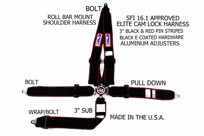 ELITE 5 POINT CAM LOCK RACING HARNESS BELT BLACK RED STRIPE SFI 16.1