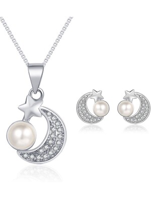 Mond Stern Perle Anhänger Halskette Ohrstecker 925 Sterling Silber Schmuck UK