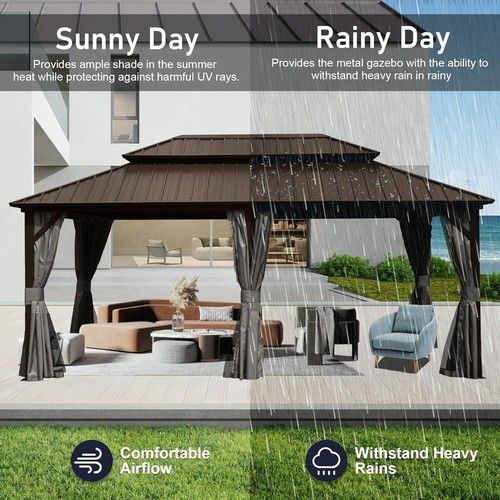 SHPAI 12’x18’ Outdoor Aluminum Hardtop Gazebo,w/ Curtains and Netting, Brown - Picture 7 of 7
