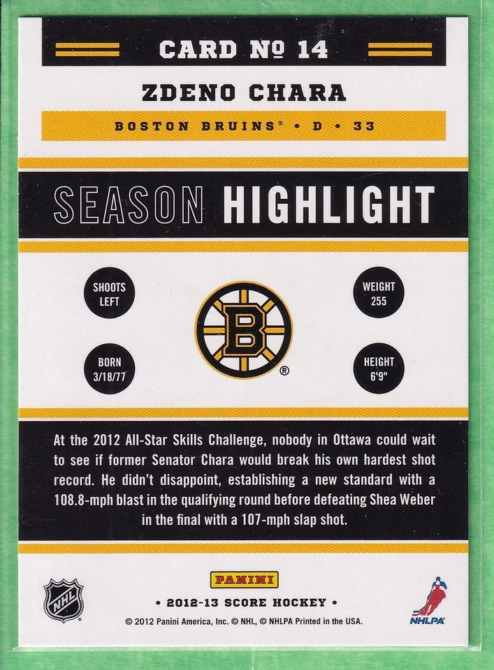 2012-13 Score #14 Zdeno Chara Boston Bruins Season Highlight - Image 2 of 2