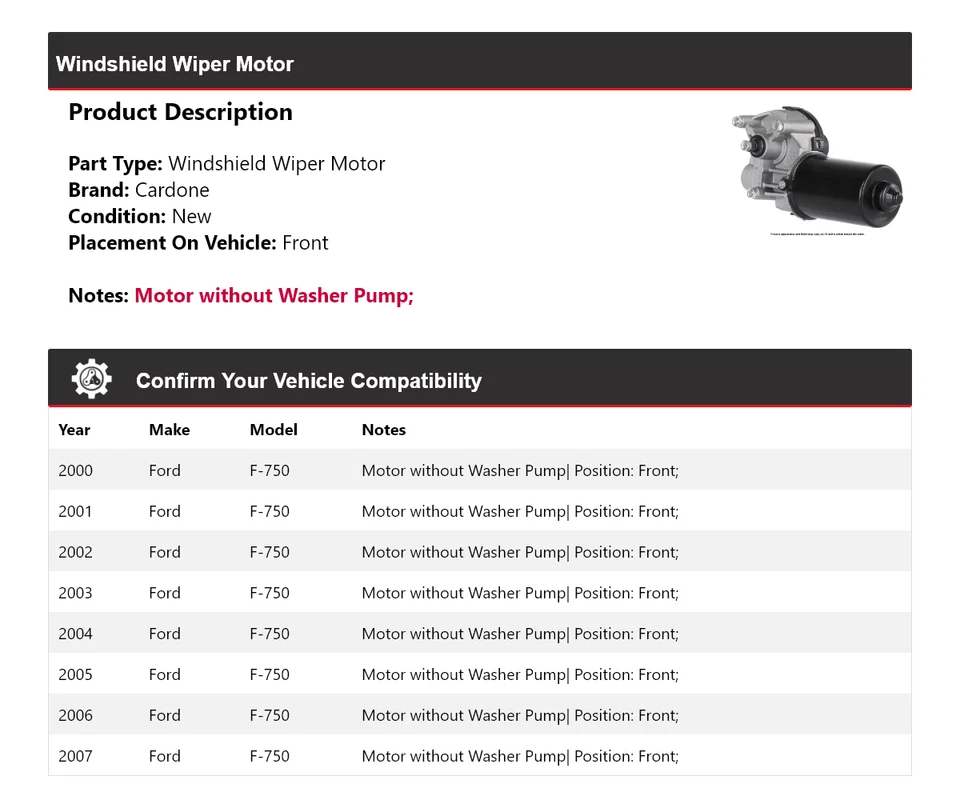 For 2000-2007 Ford F-750 Windshield Wiper Motor Front Cardone 2001 2002 2003 - Image 2 of 4